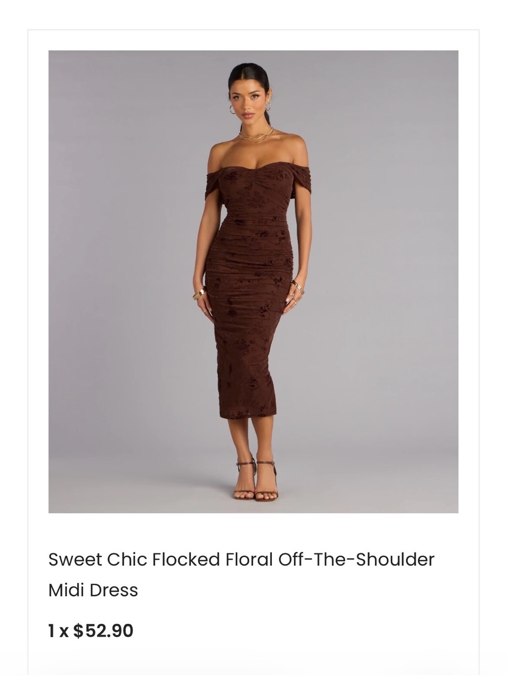 Windsor Off-the-Shoulder Flocked Floral Midi Dress in Brown